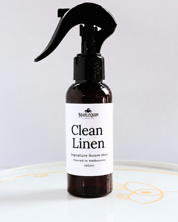 Harlequin Candles Clean Linen Room Mist spray in a black 100ml bottle, hand poured in Melbourne.