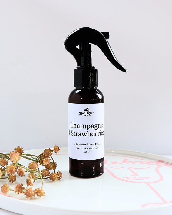Handmade room mist in Champagne and Strawberries scent by Harlequin Candles, an affordable luxury home fragrance poured in Melbourne.