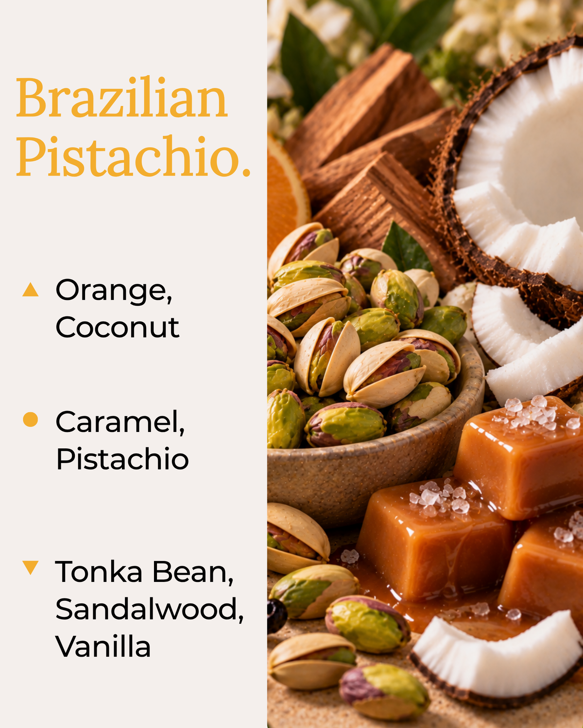 A vibrant scent note graphic for Brazilian Pistachio by Harlequin Candles. The image features a flat lay of fresh ingredients including orange slices, cracked coconut, pistachios, and swirled caramel. Text on the left lists top notes of Orange and Coconut, mid notes of Caramel and Pistachio, and base notes of Tonka Bean, Sandalwood, and Vanilla.