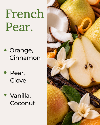 A vibrant fragrance note graphic for the French Pear coconut soy candle by Harlequin Candles. The image features a background of ripe, green pears, with one halved to show the seeds. Text on the left lists top notes of Mandarin and Pine, mid notes of Grape and Neroli, and base notes of Vanilla, Jasmine, and Cedarwood.