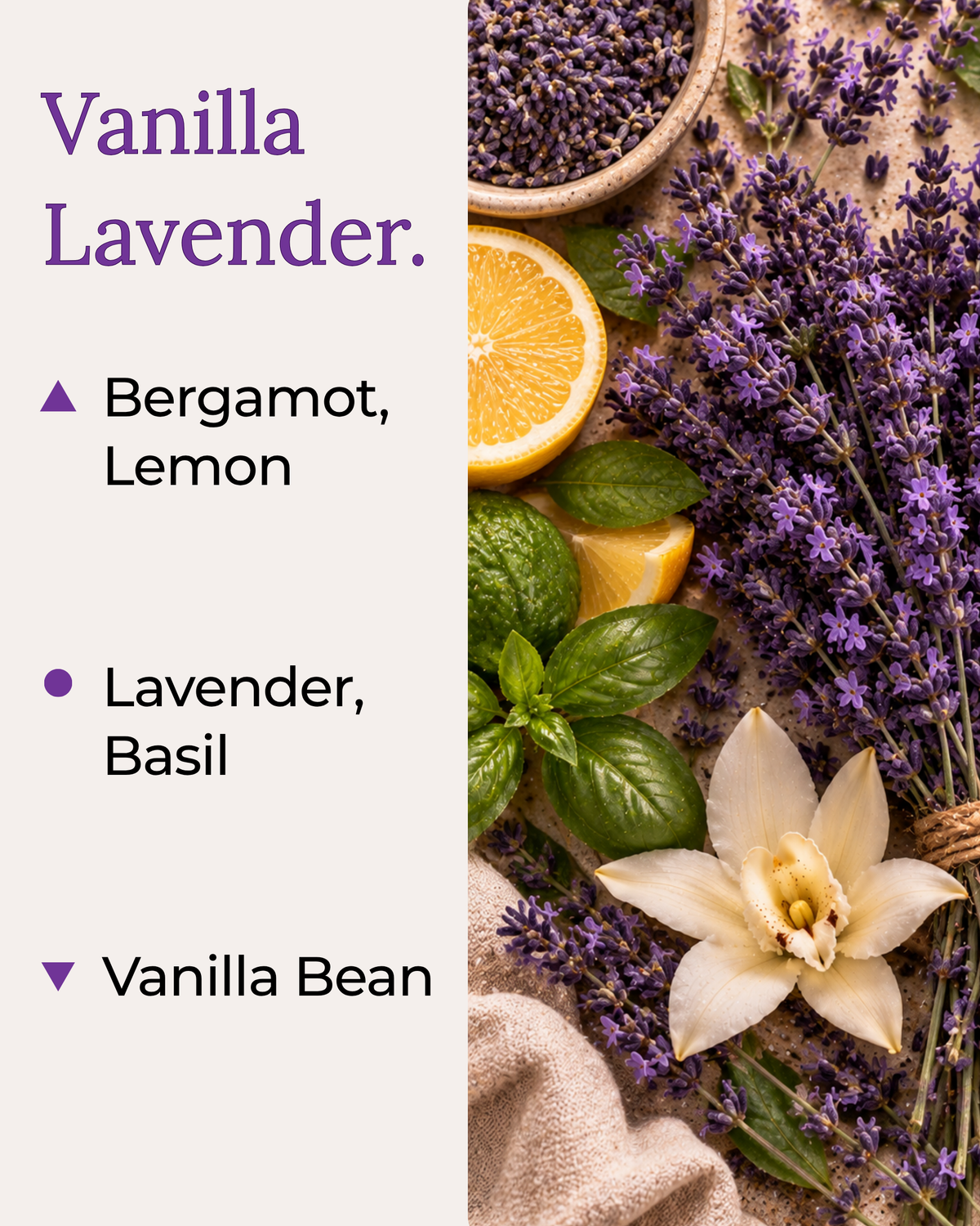 A graphic for a "Vanilla Lavender Love Affair" reed diffuser. The left side lists scent notes: Lemon and Lime (top), Lavender (middle), and Vanilla Bean (base), with a "Bold" scent profile. The right side shows a photo of lavender flowers, lemons, a lime, and vanilla beans.