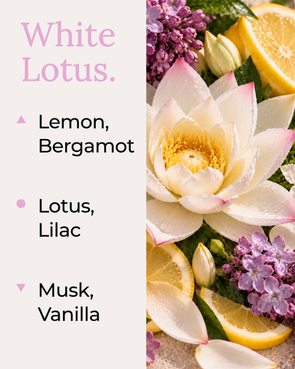 A graphic for a "White Lotus Luxe" reed diffuser. The left side lists scent notes: Lemon and Bergamot (top), Lotus and Lilac (middle), and Musk and Vanilla (base). A scent profile bar indicates "Balanced." The right side shows a photo of white lotus flowers, purple lilacs, lemon slices, and a bergamot.