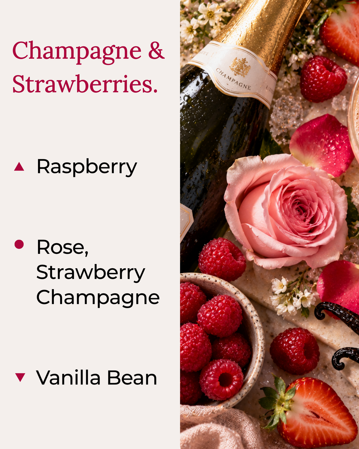 Graphic displaying Harlequin Candles Berry Bubbly fragrance notes. Top note: Raspberry. Middle notes: Rose, Strawberry, Champagne. Base note: Vanilla Bean. Scent profile is rated as Balanced. The image shows a champagne flute filled with a sparkling drink, fresh strawberries, and raspberries.
