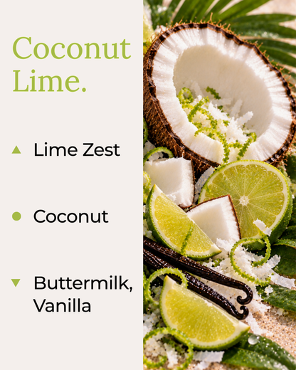 Graphic displaying Harlequin Candles Coco Lime Sublime fragrance notes. Top note: Lime Zest. Middle note: Coconut. Base notes: Buttermilk, Vanilla. Scent profile is rated as Balanced. The image shows a fresh green lime half and a cracked coconut, evoking a tropical aroma.
