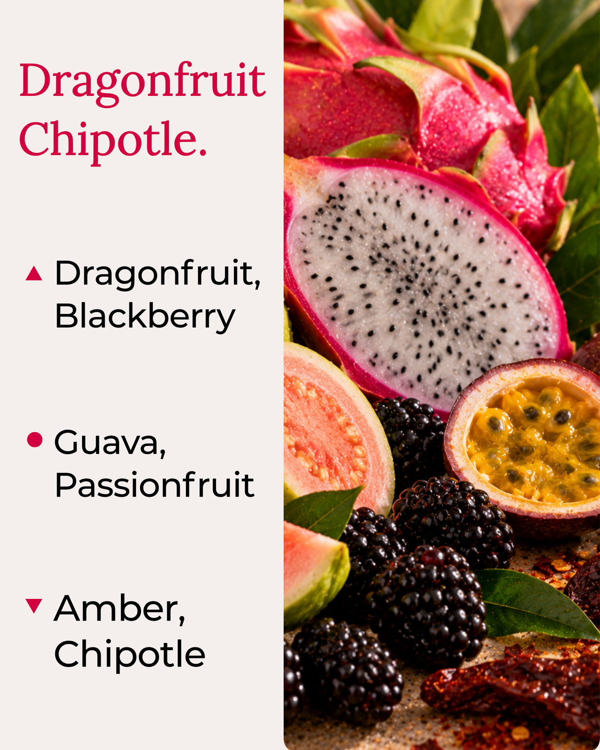 Graphic displaying Harlequin Candles Fruit and Fire fragrance notes. Top notes: Dragonfruit, Blackberry. Middle notes: Guava, Passionfruit. Base notes: Amber, Chipotle, Jalapeño. Scent profile is rated as Bold. The image shows fresh dragonfruit, blackberries, passionfruit, and a red chili pepper.