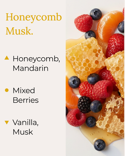 Graphic displaying Harlequin Candles Honeycomb Musk fragrance notes. Top notes: Honeycomb, Mandarin. Middle note: Mixed Berries. Base notes: Vanilla, Musk. Scent profile is rated as Balanced. The image shows stacked honeycombs with fresh berries and an orange slice, conveying a sweet and warm aroma.