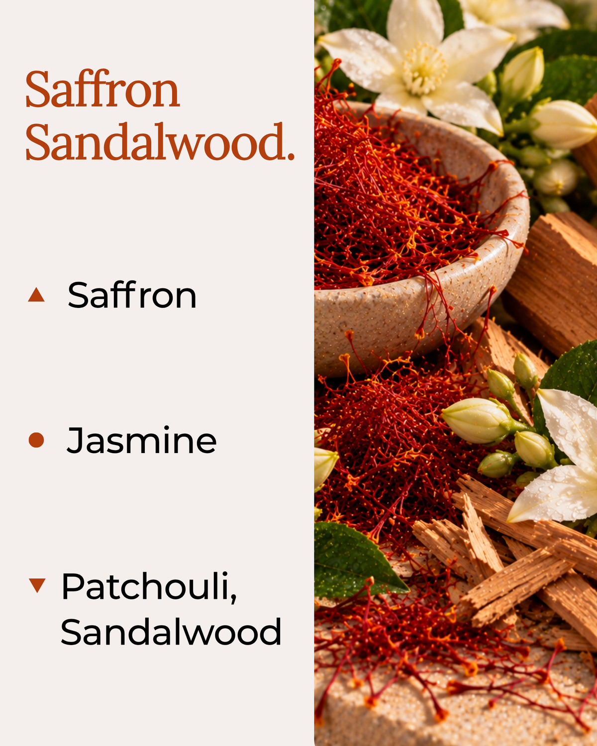 Graphic displaying Harlequin Candles Saffron Woods fragrance notes. Top note: Saffron. Middle note: Jasmine. Base notes: Patchouli, Sandalwood. Scent profile is rated as Balanced. The image shows vibrant red saffron threads, a wooden stick, and purple flowers.