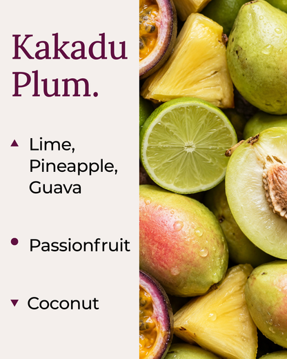 A fragrance note card for Kakadu Plum by Harlequin Candles. The left panel lists the scent notes: Lime, Pineapple, and Guava as top notes; Passionfruit as the mid note; and Coconut as the base note. The right side features a high-quality close-up image of fresh Kakadu plums, including one halved to show the seed.