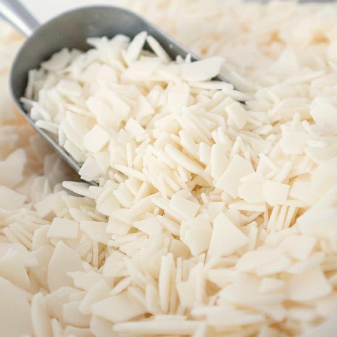 A close-up, behind-the-scenes shot of a metal scoop lifting a pile of natural white soy wax flakes. This high-quality raw material is used to create Harlequin Candles' handmade soy candles in Melbourne, Australia.